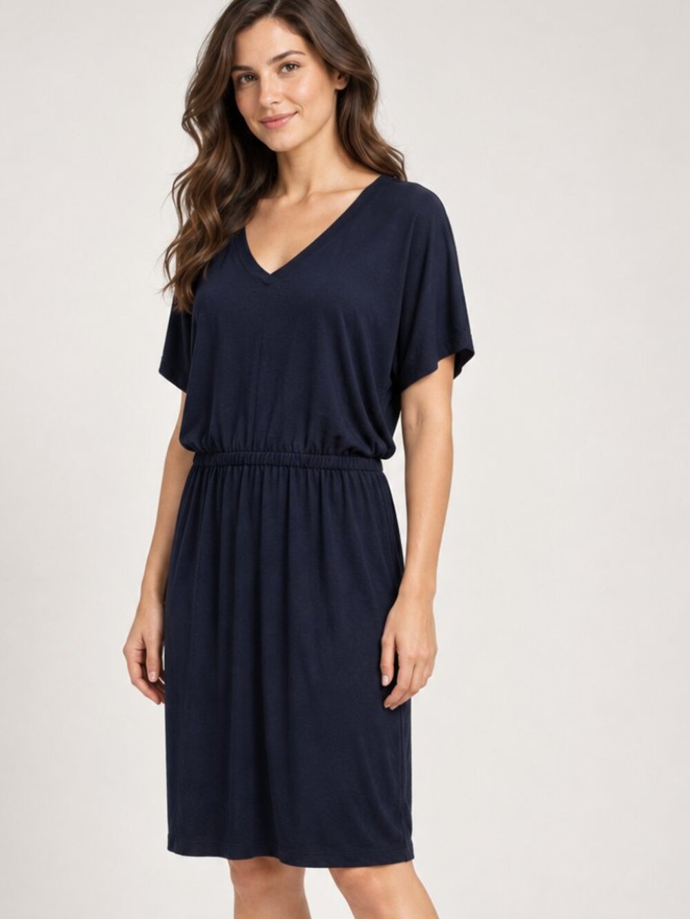 Banana Republic L Navy V-Neck Jersey Dress Elastic Waist Minimalist Workwear